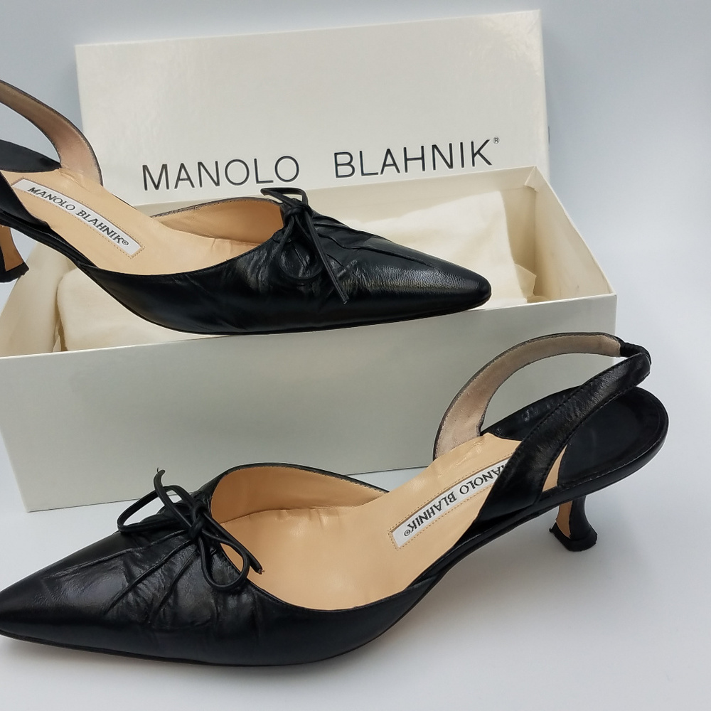 Manolo Blahnik Black Kitten Heel Slingback Sz 10.5